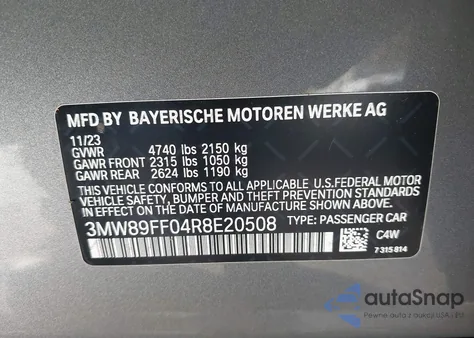 2024 BMW 330I xDrive from USA, damaged, VIN 3MW89FF04R8E20508